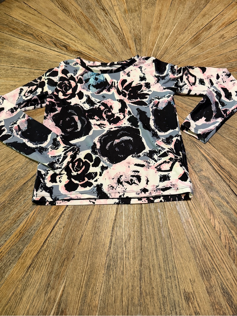 Mott50 Kids Rash Guard Top Floral UPF 50 Long Sleeve Swim top Size 8 pink black